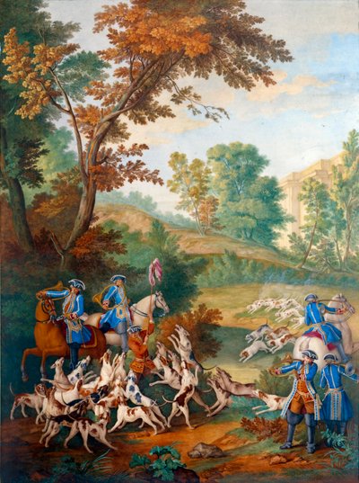 Plaque depicting the hunts of Louis XVI (1754-1793): “” la petite curee des jeunes chiens ou le forum à la fin de la curee”” Painting on porcelain by Philippe Castel (ca. 1746-1797) by Jean Baptiste Oudry (1686-1755) 1778-1781 Sun. 0,39x0,49 m بواسطة جان بابتيست (بعد) أودري