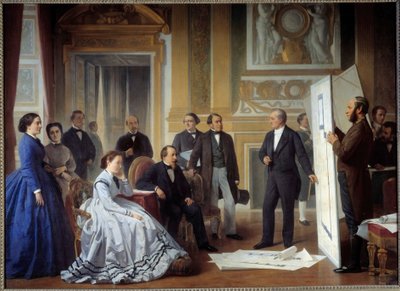The architect Louis Visconti (1791-1853) presents to Napoleon III the plan of the new Louvre Painting of Ange Tissier (1814-1876) 1865, oil on canvas بواسطة جان بابتيست آنج تيسييه
