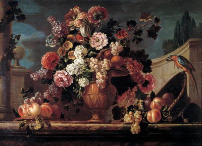 الزهور والفواكه والببغاوات لوحة رسمها جان بلين (أو بلين أو بيلين) من فونتيناي (1653-1715) القرن الثامن عشر في أورليانز. متحف الفنون الجميلة بواسطة جان بابتيست بيلين دي فونتيناي