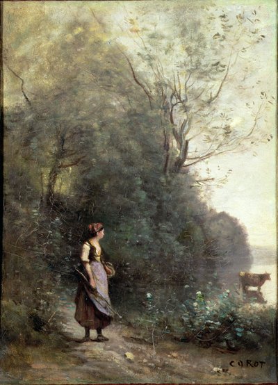 امرأة فلاحية ترعى بقرة على حافة غابة ، c.1865-70 بواسطة جان بابتيست كميل كوروت