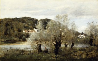 صياد على حافة بركة في قرية أفاري ؛ Pecheur au Bord de L "Etang a Ville d" Avray، c.1850-55 بواسطة جان بابتيست كميل كوروت