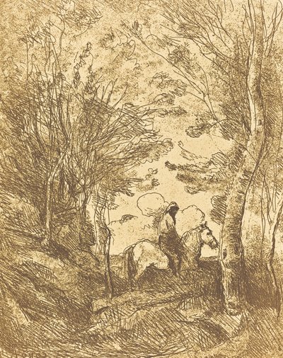 فارس في الغابة ، لوحة كبيرة Le Grand Cavalier sous bois ، c. 1854. بواسطة جان بابتيست كميل كوروت