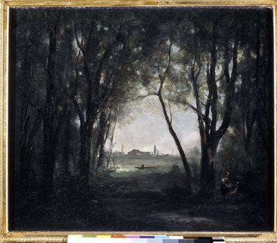 "" Paysage au lac "(منظر طبيعي مع بحيرة) لوحة لكاميل كورو (1796-1875) 1865-1873 Dim. 53x65.5 cm متحف هيرميتاج ، سانت بطرسبرغ (سانت بطرسبرغ) بواسطة جان بابتيست كميل كوروت