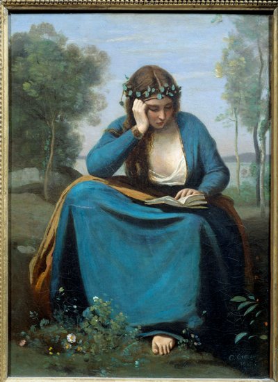 Reader Crowned with Flowers or the Muse by Virgile Painting by Camille Corot (1796-1875) 1845 Dim. 0,45x0,34 m بواسطة جان بابتيست كميل كوروت
