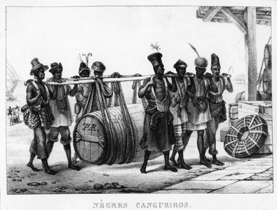 `` Black Cangueiros '' - حمالون سود يحملون برميل خشبي ، محفور بواسطة تييري فرير (1827-1845) ، 1835 بواسطة جان بابتيست ديبرت