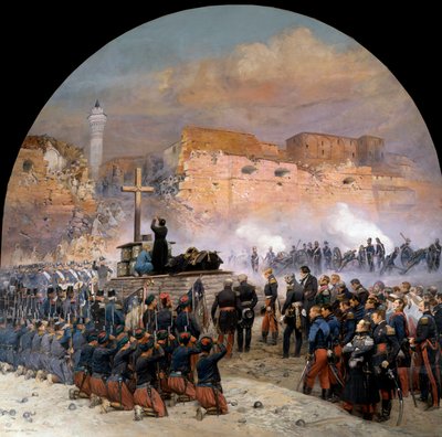 بعثة قسنطينة أثناء غزو الجزائر (1830-1847): "" احتفلت مراسم الجنازة (جنازة) للجنرال دينيس دي دريمون (1783-1837) في 18/10/1837 أمام مقر قسطنطين بالجزائر في اليوم التالي لبطولة قسنطينة. الاعتداء "" الرسم بواسطة Edou بواسطة جان بابتيست إدوارد التفاصيل