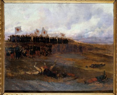 حصار باريس 1870: "" إخوة مدارس العقيدة المسيحية يتجهون نحو ساحة المعركة "" لوحة رسمها إدوارد ديتايل (1848-1912) 1872 صن. 0،53 × 0،65 م بواسطة جان بابتيست إدوارد التفاصيل