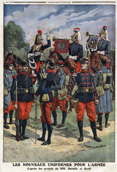 الزي الجديد للجيش الفرنسي بعد مشاريع الرسامين Edouard Detaille (1848-1912) و Georges Bertin Scott (1873-1942) المسمى Scott de Plagnolles. نقش في "" Le Petité Journal "بتاريخ 10/03/1912. مجموعة خاصة. بواسطة جان بابتيست إدوارد التفاصيل