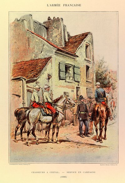 أنواع وأزياء الجيش الفرنسي للكابتن جول ريتشارد ، التي رسمها إدوارد ديتايل (1848-1912): الصيادون على ظهور الخيل ؛ الخدمة الميدانية في عام 1886 ، مجموعة خاصة بواسطة جان بابتيست إدوارد التفاصيل