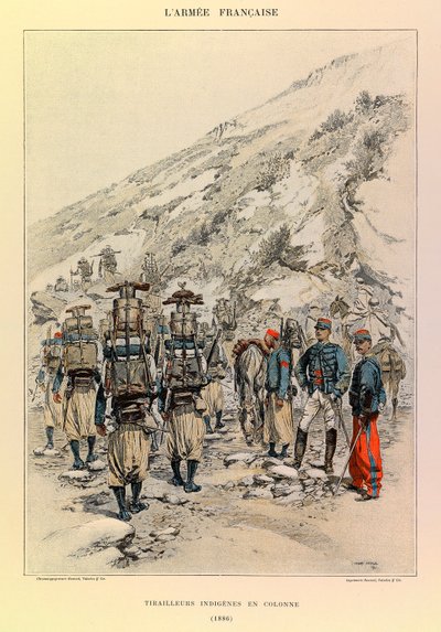 أنواع وأزياء الجيش الفرنسي للكابتن جول ريتشارد ، التي رسمها إدوارد ديتايل (1848-1912): Indigenes Tirailleurs في العمود عام 1886 ، مجموعة خاصة بواسطة جان بابتيست إدوارد التفاصيل