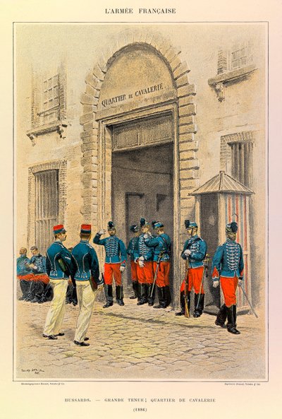 أنواع وأزياء الجيش الفرنسي للكابتن جول ريتشارد ، التي رسمها إدوارد ديتايل (1848-1912): الفرسان في اللباس الرائع ؛ منطقة الفرسان عام 1886 ، مجموعة خاصة بواسطة جان بابتيست إدوارد التفاصيل