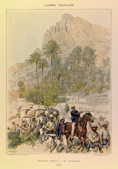أنواع وأزياء الجيش الفرنسي للكابتن جول ريتشارد ، التي رسمها إدوارد ديتايل (1848-1912): فوسيليرس مارينز في رحلة استكشافية في عام 1887 ، مجموعة خاصة بواسطة جان بابتيست إدوارد التفاصيل