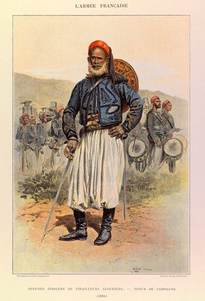 أنواع وأزياء الجيش الفرنسي للكابتن جول ريتشارد ، مصورة من قبل إدوارد ديتايل (1848-1912): ضابط أصلي للون الجزائريين يرتدون الزي الميداني في عام 1886 ، مجموعة خاصة بواسطة جان بابتيست إدوارد التفاصيل