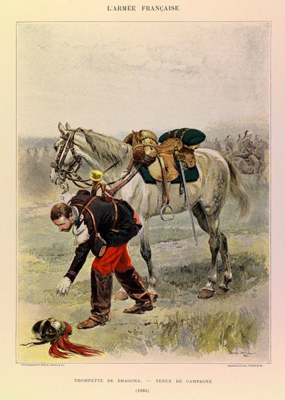 أنواع وأزياء الجيش الفرنسي للكابتن جول ريتشارد ، التي رسمها إدوارد ديتايل (1848-1912): بوق التنانين في اللباس الريفي في عام 1885 ، مجموعة خاصة بواسطة جان بابتيست إدوارد التفاصيل