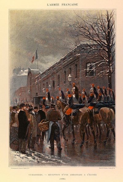أنواع وأزياء الجيش الفرنسي للكابتن جول ريتشارد ، التي رسمها إدوارد ديتايل (1848-1912): Cuirassiers: استقبال سفارة في الاليزيه في عام 1886 ، مجموعة خاصة بواسطة جان بابتيست إدوارد التفاصيل