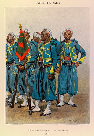 أنواع وأزياء الجيش الفرنسي للكابتن جول ريتشارد ، التي رسمها إدوارد ديتايل (1848-1912): تيرايليور الأصليون يرتدون زيًا رائعًا في عام 1886 ، مجموعة خاصة بواسطة جان بابتيست إدوارد التفاصيل