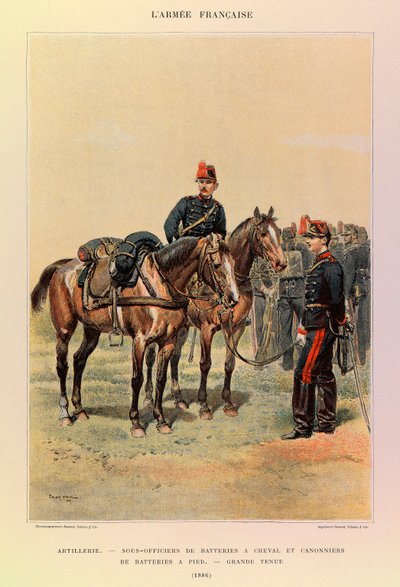 أنواع وأزياء الجيش الفرنسي للكابتن جول ريتشارد ، التي رسمها إدوارد ديتايل (1848-1912): المدفعية: ضباط البطاريات على الخيول ومدفعي البطاريات سيرًا على الأقدام بالزي الكبير في عام 1886 ، مجموعة خاصة بواسطة جان بابتيست إدوارد التفاصيل