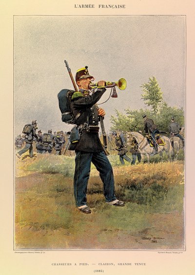 أنواع وأزياء الجيش الفرنسي للكابتن جول ريتشارد ، التي رسمها إدوارد ديتايل (1848-1912): الصيادون على الأقدام: بوق في لباس رائع في عام 1885 ، مجموعة خاصة بواسطة جان بابتيست إدوارد التفاصيل