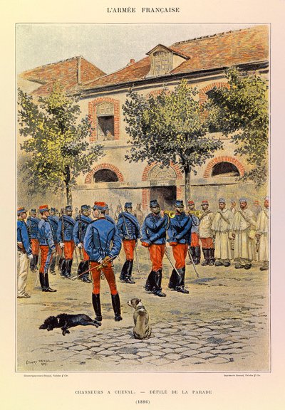 أنواع وأزياء الجيش الفرنسي للكابتن جول ريتشارد ، التي رسمها إدوارد ديتايل (1848-1912): الصيادون على ظهور الخيل ؛ Defile de la parade en 1886 ، مجموعة Partiale بواسطة جان بابتيست إدوارد التفاصيل