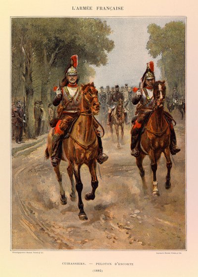 أنواع وأزياء الجيش الفرنسي للكابتن جول ريتشارد ، التي رسمها إدوارد ديتايل (1848-1912): Cuirassiers: فصيلة مرافقة في عام 1885 ، مجموعة خاصة بواسطة جان بابتيست إدوارد التفاصيل