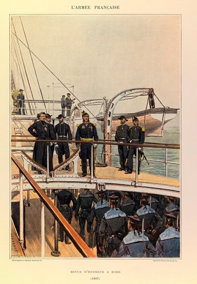 أنواع وأزياء الجيش الفرنسي للكابتن جول ريتشارد ، التي رسمها إدوارد ديتايل (1848-1912): البحرية: Revue d'honneur à bord en 1887 ، مجموعة خاصة بواسطة جان بابتيست إدوارد التفاصيل