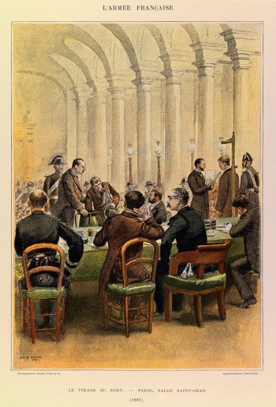 أنواع وأزياء الجيش الفرنسي للكابتن جول ريتشارد ، التي رسمها إدوارد ديتايل (1848-1912): القرعة في باريس ، سال سان جان في عام 1887 ، مجموعة خاصة بواسطة جان بابتيست إدوارد التفاصيل