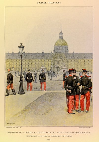 أنواع وأزياء الجيش الفرنسي للكابتن جول ريتشارد ، التي رسمها إدوارد ديتايل (1848-1912): الإدارة: فارس ، كاتب عسكري وعمال إداريون ، سكرتير أركان ، ممرضات عسكرية في عام 1887 ، مجموعة خاصة بواسطة جان بابتيست إدوارد التفاصيل