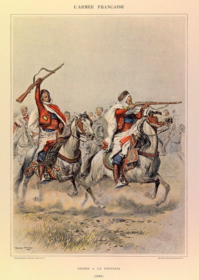أنواع وأزياء الجيش الفرنسي للكابتن جول ريتشارد ، التي رسمها إدوارد ديتايل (1848-1912): Spahis a la Fantasia في عام 1886 ، مجموعة خاصة بواسطة جان بابتيست إدوارد التفاصيل