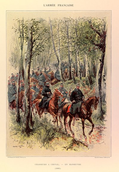 أنواع وأزياء الجيش الفرنسي للكابتن جول ريتشارد ، التي رسمها إدوارد ديتايل (1848-1912): صيادون حصان في مناورة في عام 1885 ، مجموعة خاصة بواسطة جان بابتيست إدوارد التفاصيل