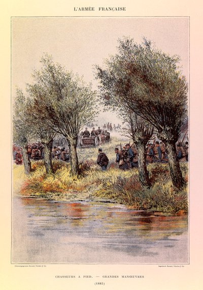 أنواع وأزياء الجيش الفرنسي للكابتن جول ريتشارد ، التي رسمها إدوارد ديتايل (1848-1912): صيادون على الأقدام ؛ المناورات العظيمة في عام 1885 ، مجموعة خاصة بواسطة جان بابتيست إدوارد التفاصيل