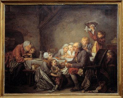 كعكة الملوك عائلة تشارك الكعكة في عيد الغطاس. رسم جان بابتيست غريوز (1725-1805) 1774 صن. 0،72x0،91 م متحف مونبلييه فابر بواسطة جان بابتيست غريوز
