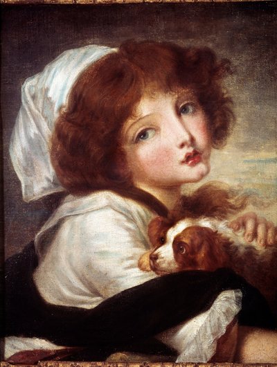 فتاة صغيرة مع لوحة للكلب الصغير رسمها جان بابتيست غريوز (1725-1805) في القرن الثامن عشر في باريس ، متحف كونياك جاي. بواسطة جان بابتيست غريوز