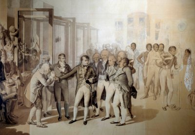 نابليون بونابرت (1769-1821) ، القنصل الأول ، بحضور جوزفين دي بوهارنيه ، يزور مصنع المخمل للأخوة سيفين في روان ، نوفمبر 1802 رسمًا في مغسلة جان بابتيست إيزابي (1767-1855) 1804 صن. 1،24x1،76 م فرساي ، مو بواسطة جان بابتيست إيسابي
