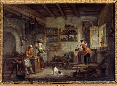 مطبخ داخلي طهاة وخادمات يحضرون وجبات سيدهم. لوحة لجين بابتيست لاليمانت (1710-1803) من القرن الثامن عشر بور أون بريس ، متحف دي برو بواسطة جان بابتيست لالماند