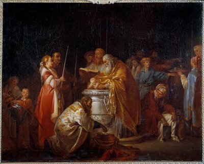 المعمودية الروسية بابا أرثوذكسي يعمد طفلًا أمام والديه. رسم جان بابتيست ليبرنس (1733-1781) 1765 صن. 0،73x0،92 م بواسطة جان بابتيست ليبرانس