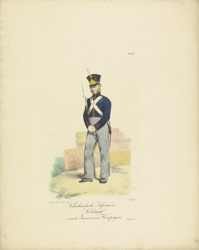 سرية حامية الجندي ، ١٨٢٠-١٨٢٥ جندي المشاة الهولندي في Garrison Kompagnie (العنوان على الكائن) الأزياء العسكرية لمملكة هولندا. إهداء لسعادة ويليم فان بيلاندت (عنوان المسلسل على الكائن) بواسطة جان بابتيست مادو
