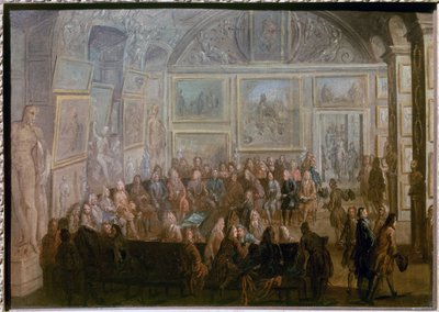 اجتماع أكاديمية الرسم والنحت في صالون دي ديان في متحف اللوفر رسم جان بابتيست مارتن لو فيو (1659-1735) بواسطة جان بابتيست مارتن