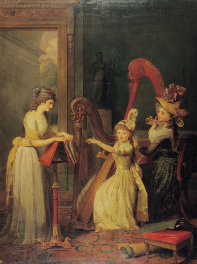 درس القيثارة الذي قدمته Madame de Genlis إلى Mademoiselle d&39;Orleans مع Mademoiselle Pamela Turning the Pages ، c.1842 بواسطة جان بابتيست Mauzaisse