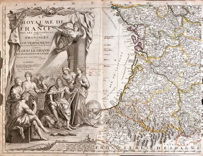 خريطة جوين وجاسكوني ، مع صورة لويس الرابع عشر (1638-1715) محاطة بشخصيات استعادية بواسطة جان بابتيست نولين