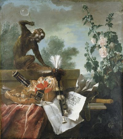 Allegory of Air: حياة ساكنة موسيقية مع فقاعات تهب القرد ، وموسيقى ، وفلوت وعزف موسيقي بواسطة جان بابتيست أودري