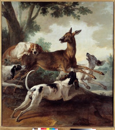 طاردت الكلاب الغزلان. مشهد الصيد. لوحة جان بابتيست أودري (1686-1755) بواسطة جان بابتيست أودري