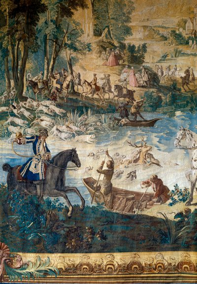 صيد لويس الخامس عشر: موت الغزال في البركة. التفاصيل. نسيج جان بابتيست أودري (1686-1755) بواسطة جان بابتيست أودري