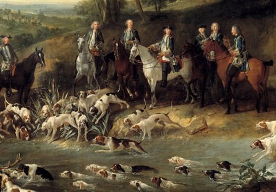 الملك لويس الخامس عشر يصطاد الغزلان في غابة سان جيرمان عام 1730 التفاصيل. رسم جان بابتيست أودري (1686-1755) 1730 تولوز ، متحف أوجستين بواسطة جان بابتيست أودري