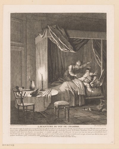 يستيقظ الإنسان مستيقظًا من وعاء الغرفة الذي يفرغ فوقه Lavanture du pot de chambre (العنوان على الكائن) مشاهد من الكوميديا ​​الرومانية سكارون (عنوان المسلسل) بواسطة جان بابتيست أودري