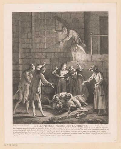 رجل valt bovenop een geit يقع La Rapinière على الماعز (العنوان على الكائن) مشاهد من رومان كوميك فان سكارون (عنوان المسلسل) بواسطة غابرييل هوكير