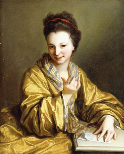 سيدة شابة ، ترتدي رداءًا أصفر ، تجلس على طاولة ، Beckoning ، 1703 بواسطة جان بابتيست سانتيري
