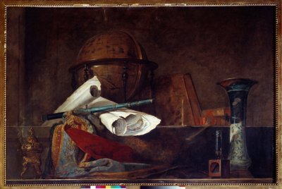 رمزية العلم الحياة الساكنة ، الكرة الأرضية ، الخرائط الجغرافية ، الكتب والمزهريات. رسم جان بابتيست سيميون شاردان (1699-1779) القرن الثامن عشر باريس ، متحف جاكيمارت أندريه بواسطة جان بابتيست سيميون شاردان