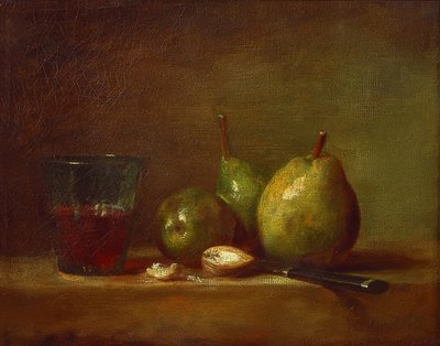 الكمثرى والجوز وكأس من النبيذ. حوالي عام 1768 بواسطة جان بابتيست سيميون شاردان