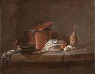 أواني المطبخ مع الكراث والأسماك والبيض ، ج. 1734. بواسطة جان بابتيست سيميون شاردان