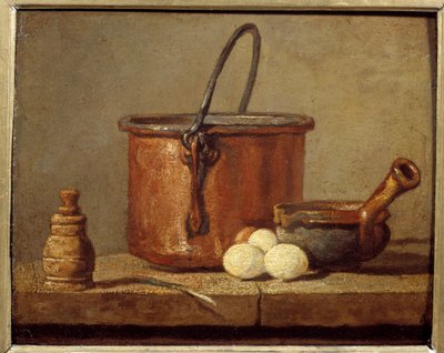 أواني المطبخ ، المرجل ، البويلون والبيض لوحة بواسطة جان بابسيت سيميون شاردان (1699-1779) القرن الثامن عشر. 0،21x0،17 م بواسطة جان بابتيست سيميون شاردان